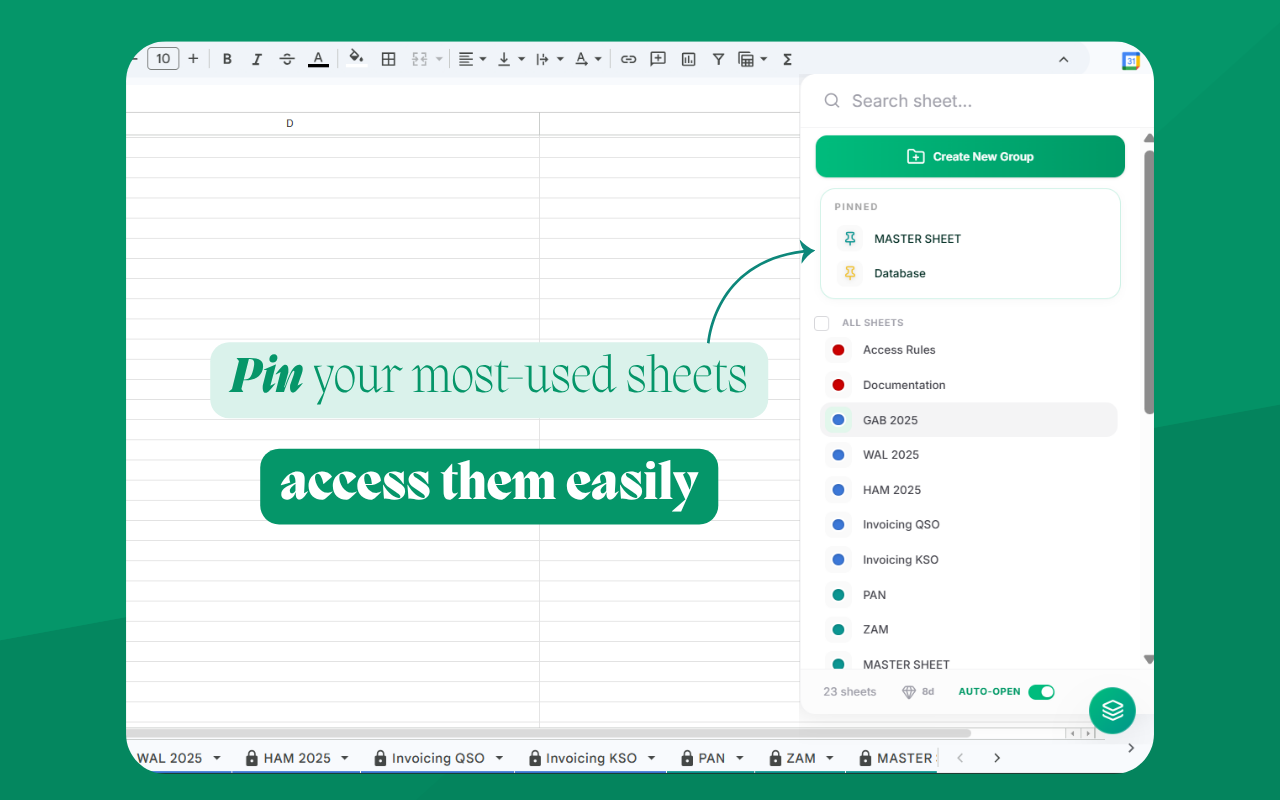 Pinned sheets tabs at the top of the sidebar